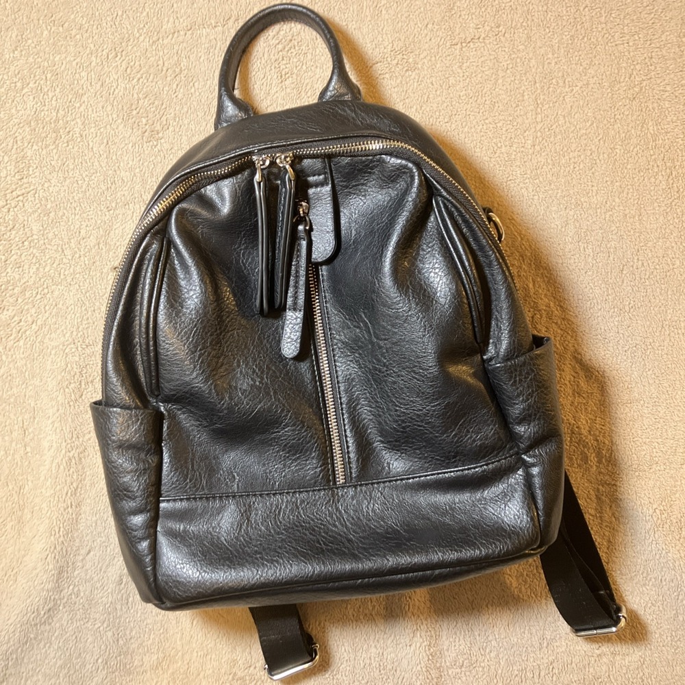 Women's‎ Black Faux Leather Backpack Silver Hardware Rucksack Bag